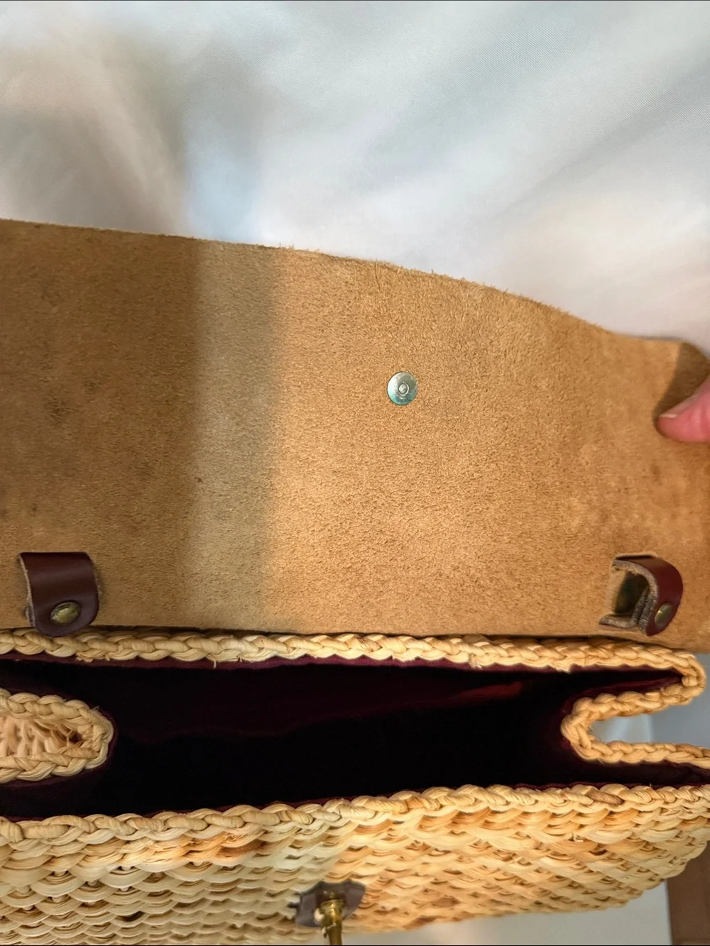 Woven Straw Tote with Brown Leather Top and Strap